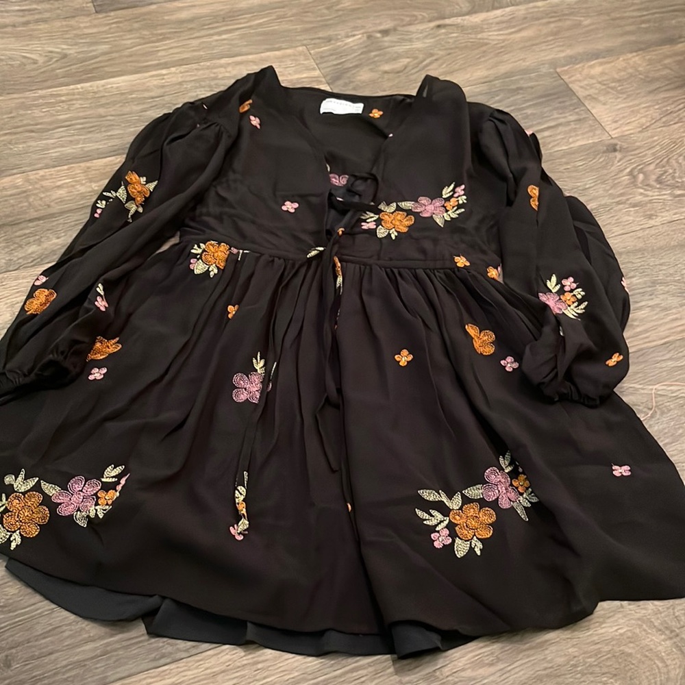 ASOS Design Petite long sleeve dress. Black w/ floral, front tie details